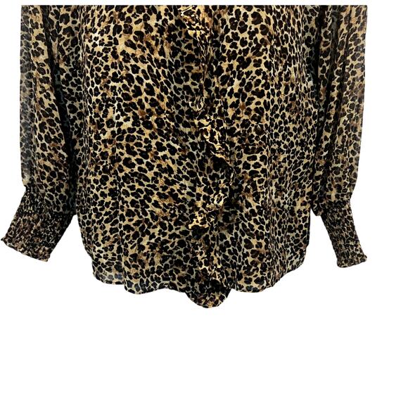 Tahari Top Wmns Sz XL Button Up Leopard Print Ruffle Detail Career Blouse Brown - Picture 5 of 10